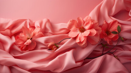 Pink fabric with flowers on a pink background, close-up