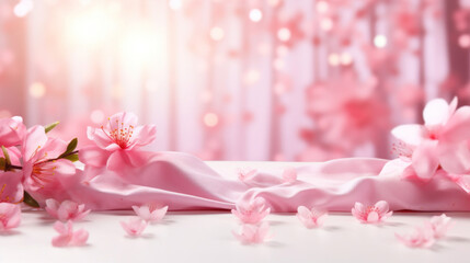 Mockup background with pink flowers and petals on light background