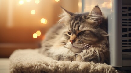 Lazy cat sleeping in a living room with cozy bedding. Generative ai - Powered by Adobe