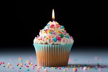 Birthday cupcake with a candle. Copy space darker background. Generative ai
