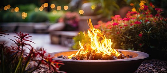 Fire pit and blazing flames in a backyard garden.