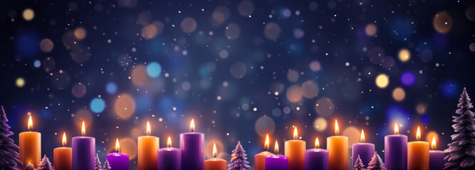 Obraz na płótnie Canvas Festive Array of Candles with Glittering Christmas Trees and Snowfall