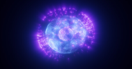 Abstract blue purple energy glowing digital sphere atom made of iridescent energy from moving electric plasma liquid on black background