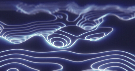 Abstract blue futuristic hi-tech landscape with mountains and canyons from glowing energy circles and magic lines background