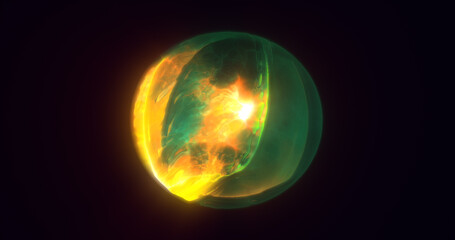 Energy abstract yellow green sphere of rapidly shimmering glowing liquid plasma, electric magic round energy ball with bursts of energy background