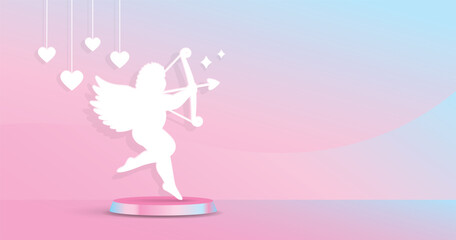 cute cupid graphic element with podium display and hanging hearts on sweet pastel gradient color floor and wall background 3d illustration vector