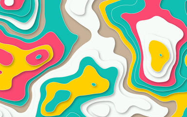 Abstract smooth pastel multi color papercut background with waves. Pastel color multi layer topography contour curve and wavy 3d paper cut wallpaper background illustration with shadow.