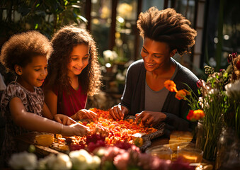 Children preparing for Easter with them father in the garden, family Easter concept