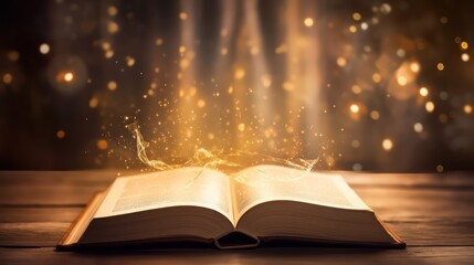 Old thick book open on table, magical light comes out of the book.