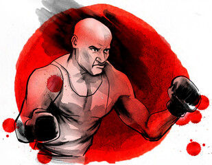 Boxing athlete. Hand-drawn ink and watercolor sketch