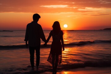 Siluetas de una pareja disfrutando de un atardecer dorado en la playa, simbolizando amor y conexión - obrazy, fototapety, plakaty