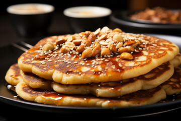 Korean sweet pancakes with a brown sugar syrup filling are garnished with almonds. (Generative AI) 