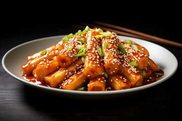 Spicy Korean tteokbokki is served on a dynamic ceramic plate. (Generative AI) 