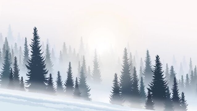 Snowy Sunrise Winter Mountain Forest Flat Landscape Looping Animation