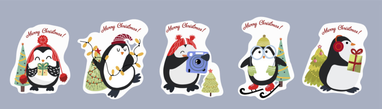 Hand drawn vector set of cute funny various penguins stickers. Flat design. Pre-made stickers with the inscription Merry Christmas.