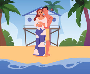 Enamored couple hugging and kissing on the beach with bungalows, vector love relationship romantic sweethearts honeymoon