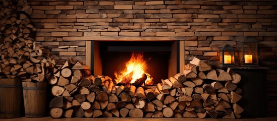 Fireplace Stock Photo: Cozy Home Ambiance with Firewood