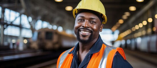 African American railway worker in uniform and hard hat stands at freight train terminal and gazes at the camera. - obrazy, fototapety, plakaty