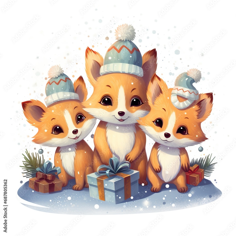 Wall mural Mischievous foxes isolate on white background