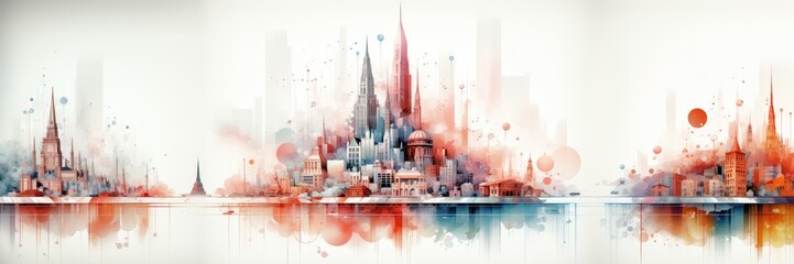In a wide-format abstract background image, colorful representations of city blocks are arranged against a clean white backdrop, creating a vibrant urban composition. Illustration