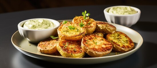 Crispy roasted crushed potatoes with creamy avocado dip on a round plate.