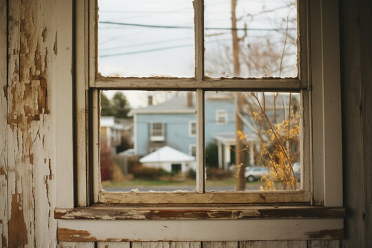 A white wooden farm house with rusty anged windows, picture taking through a window from this house inside, with the view on of a city street...