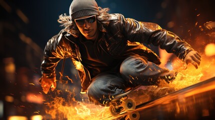 skateboarder doing tricks with sparks around him