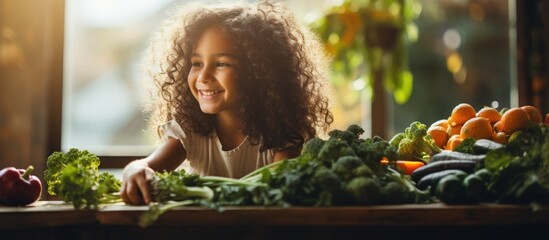 Happy, smiling child girl with healthy vegan lifestyle, eating organic vegetables, enjoying plant...