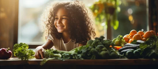 Zelfklevend Fotobehang Happy, smiling child girl with healthy vegan lifestyle, eating organic vegetables, enjoying plant based diet, nutrition, and funny moments. © 2rogan