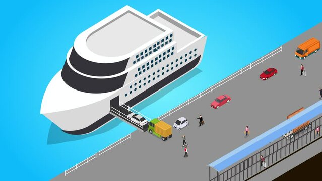 Loading ferry ship in harbor, cars, and ferry ticket officers people