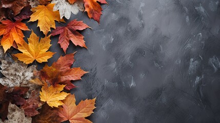 Autumn leaves on black textured background. Top view with copy space