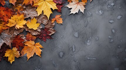 Autumn leaves on black textured background. Top view with copy space