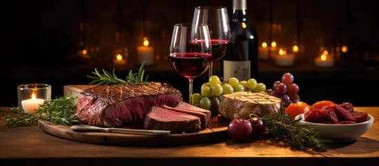 Different cuts of beef for a fancy dinner for two, complemented by red wine.