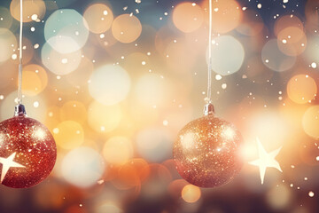 Fototapeta na wymiar Christmas glass balls on the blurred background with bokeh. Winter holidays greeting card.