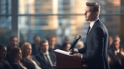 Young man engaged in a heartfelt, first-time public speaking event, a candid coming of age moment filled with genuine emotion - obrazy, fototapety, plakaty