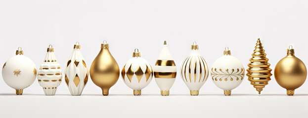Set of white Christmas baubles with golden ornament. Xmas balls collection.