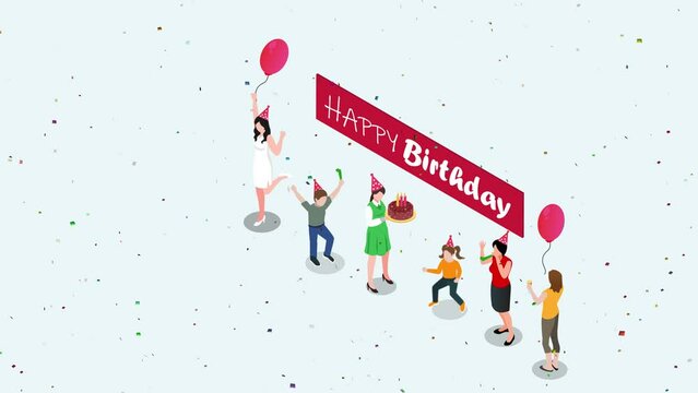 Happy people celebrating birthday party with cake