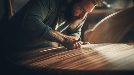Closeup shot of a man measuring and cutting wood planks for a DIY home improvement project, building a deck in the summer - obrazy, fototapety, plakaty