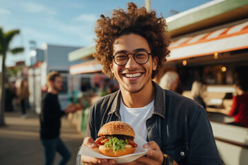 Happy customer holding hamburger and take a photo in front of food truck