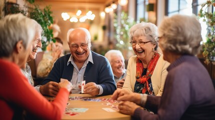 Candid shot of seniors in a lively social activity, playing cards and laughing, capturing the joy of leisure in retirement - obrazy, fototapety, plakaty