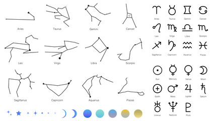 星座線、惑星記号、星座記号のイラストセット　ホロスコープ　キラキラ