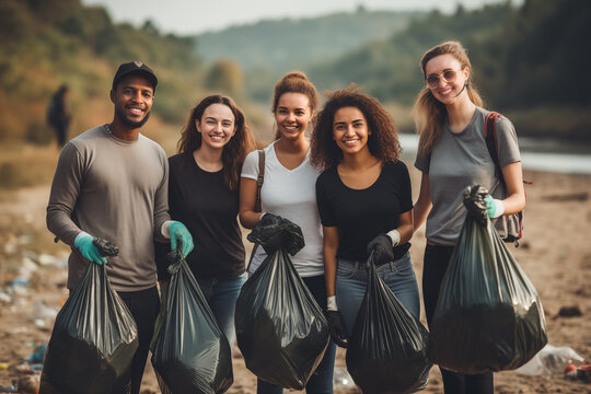 The eco activists collecting garbage from the seashore. Environmental conservation and ecology