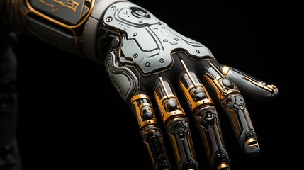Modern high-tech medical cybernetic bionic hand prostheses, artificial substitutes for damaged or missing upper limbs. - obrazy, fototapety, plakaty