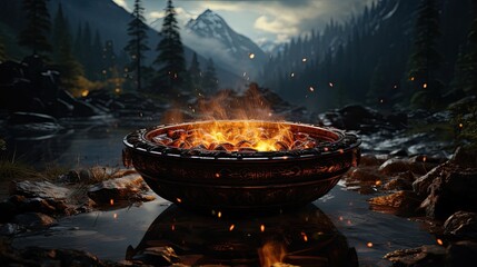 Large vat fire of a tourist traveler in the mountains near a lake in nature, camping - obrazy, fototapety, plakaty