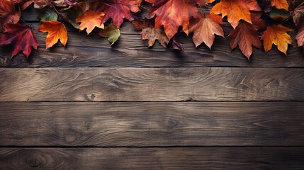 Naklejka na ściany i meble Autumn leaves on wooden background with copy space. Top view
