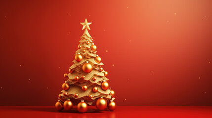 Christmas tree card template with red background. Xmas winter holidays card with fir and golden balls.