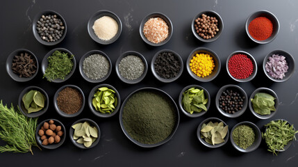 Spices and herbs on black background. Food and cuisine ingredients.