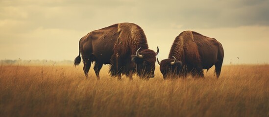 A pair of buffalo feeding in a field