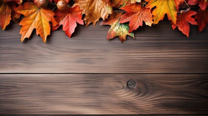 Naklejka na ściany i meble Autumn leaves on wooden background with copy space. Top view