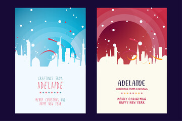 Adelaide city poster with Christmas skyline, cityscape, landmarks. Winter Australia holiday, New Year vertical vector layout for brochure, website, flyer, leaflet, card